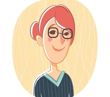 Smiling female avatar with a hair bun and glasses